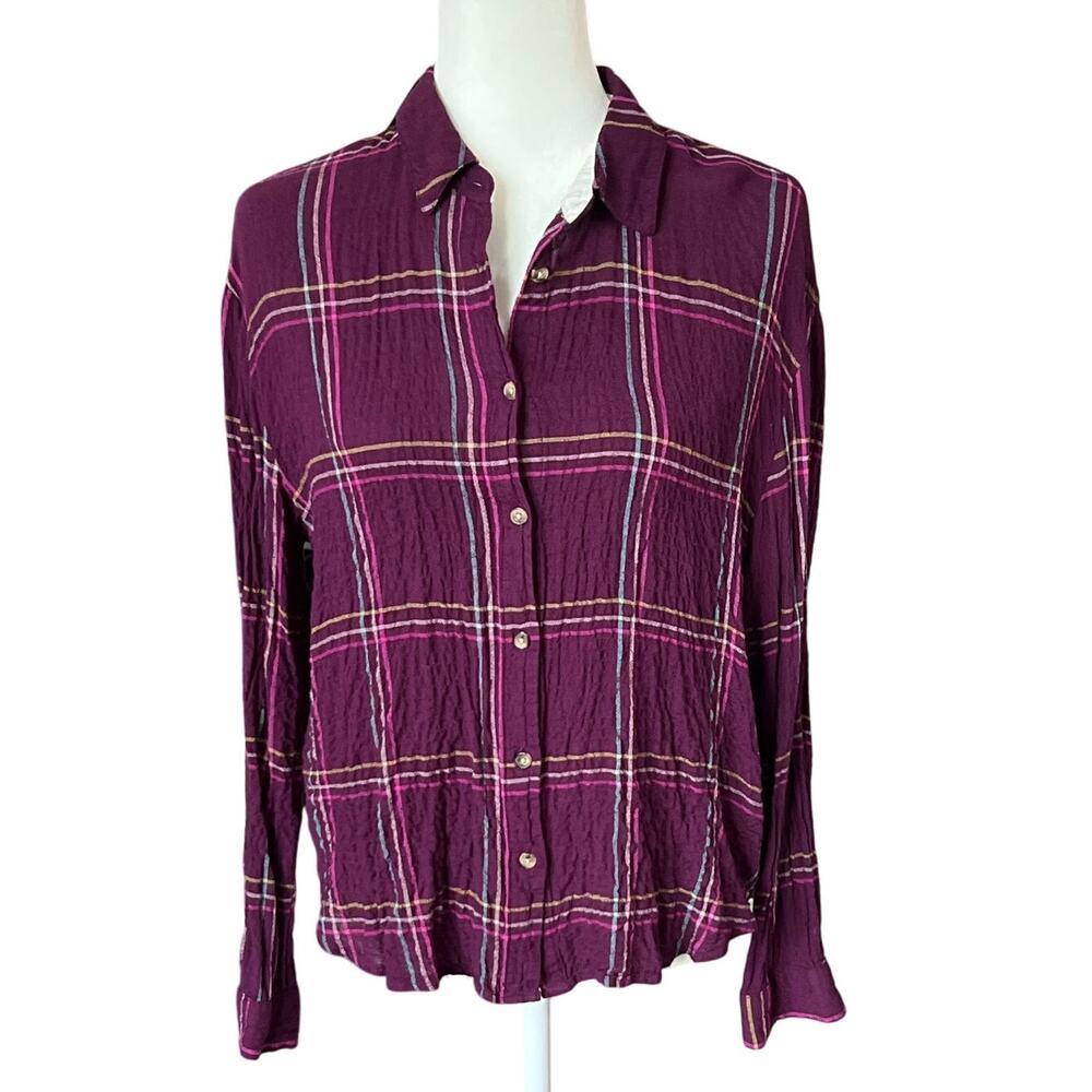 Jane and Delancey Button-Down Purple Plaid Shirt Blouse Women's Size S Colorful